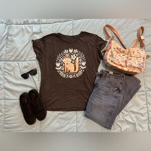 Folk-Style Fox Graphic T-Shirt, Charcoal Heather Gray, XL